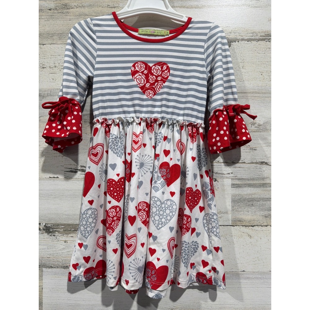 Millie Loves Lily Dress Girls 5 Red Gray Heart Stripe EUC